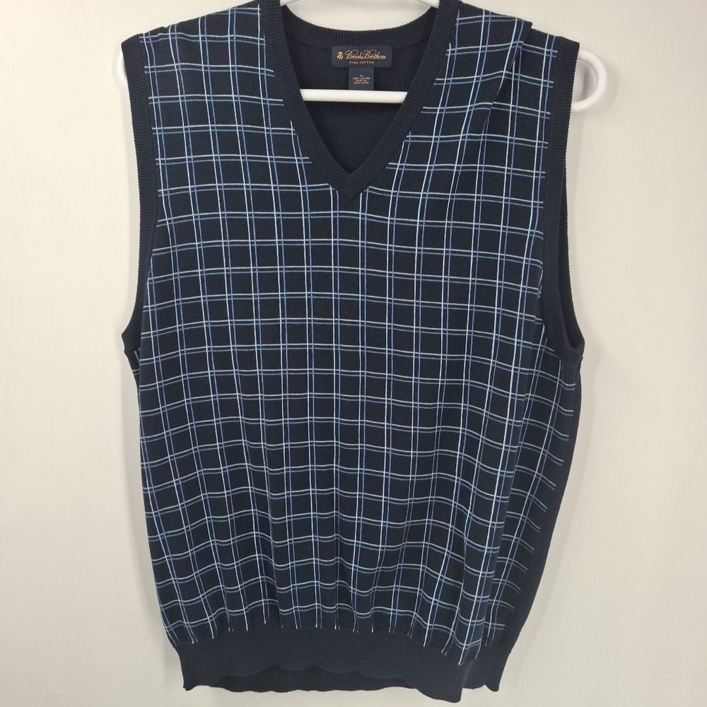 Brooks Brothers V-neck Sweater Vest Mens XL Navy Blue Pima Cotton Windowpane